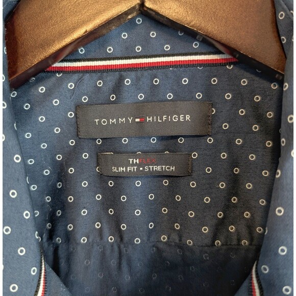 Tommy Hilfiger Size Large Blue Shirt Mens Dot Button Up THFlex Slim Fit Stretch - Picture 2 of 6